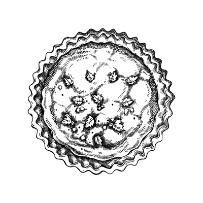 Quiche Lorraine vintage drawing. French tart with cream, eggs, and bacon. Traditional food from France sketch. French restaurant menu design. Hand-drawn vectror illustration, NOT AI generated